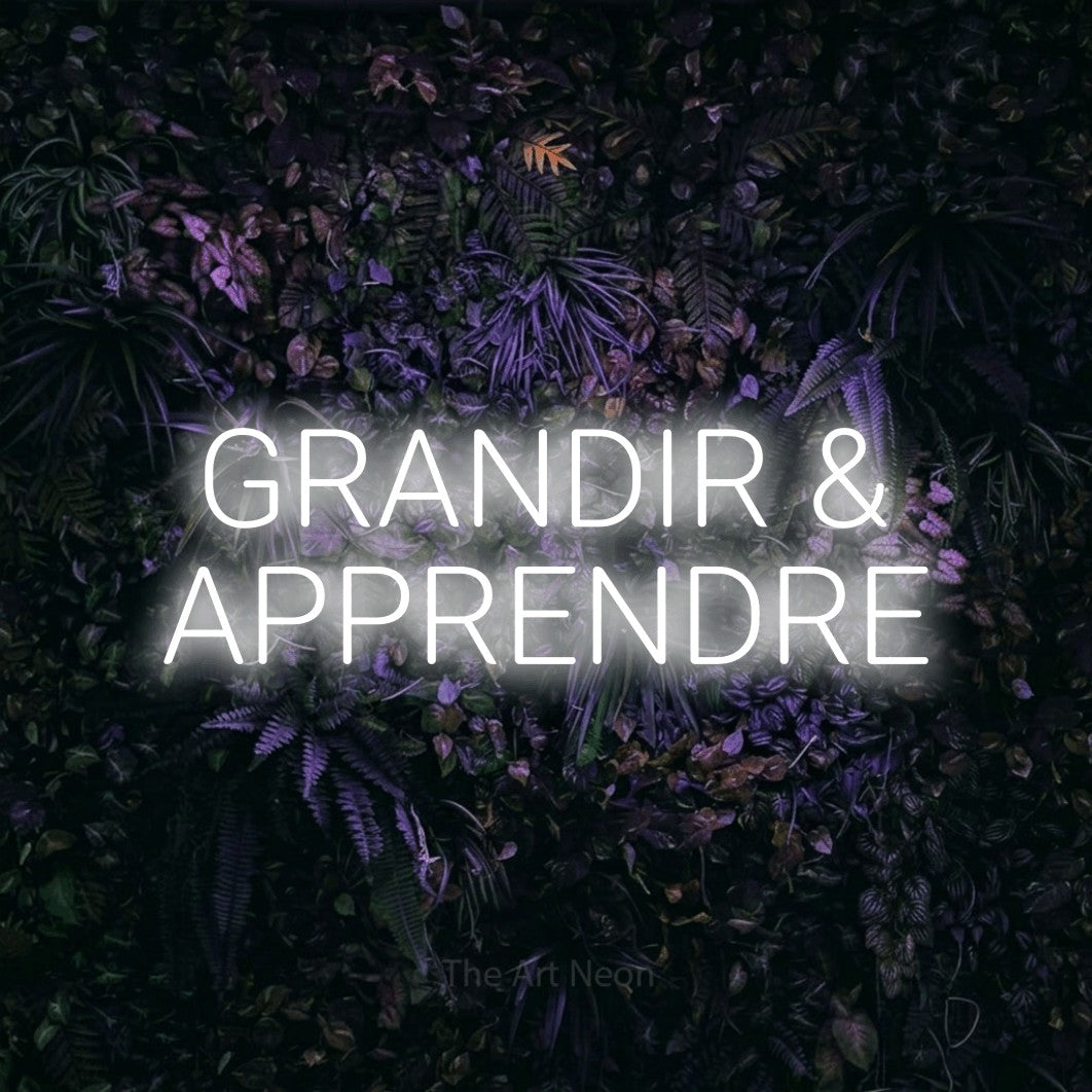 LED neon sign reading “GRANDIR & APPRENDRE”, arranged in 2 lines.