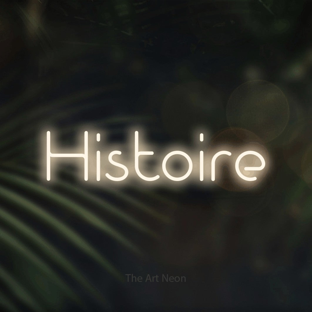 LED neon sign reading “Histoire”, arranged in a single line.