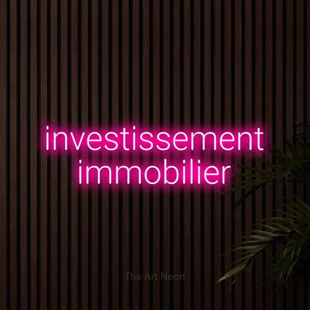 LED neon sign reading “investissement immobilier”, arranged in 2 lines.