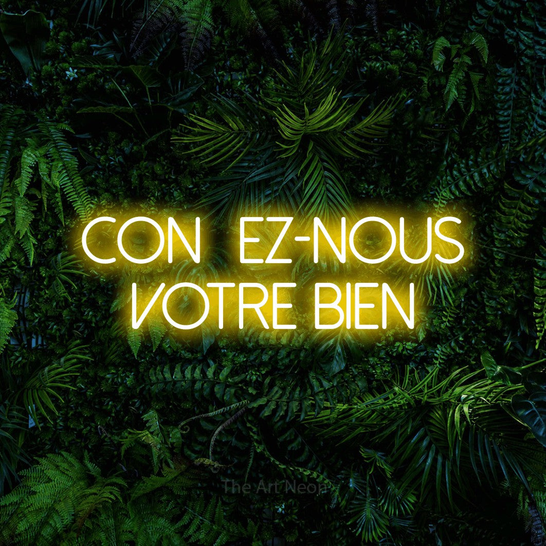 LED neon sign reading “confiez-nous votre bien”, arranged in 2 lines.