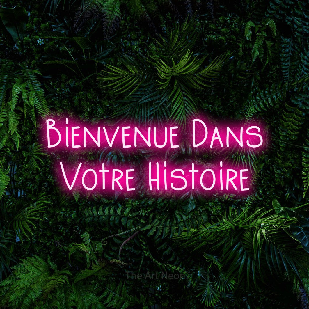 LED neon sign reading “Bienvenue Dans Votre Histoire”, arranged in 2 lines.