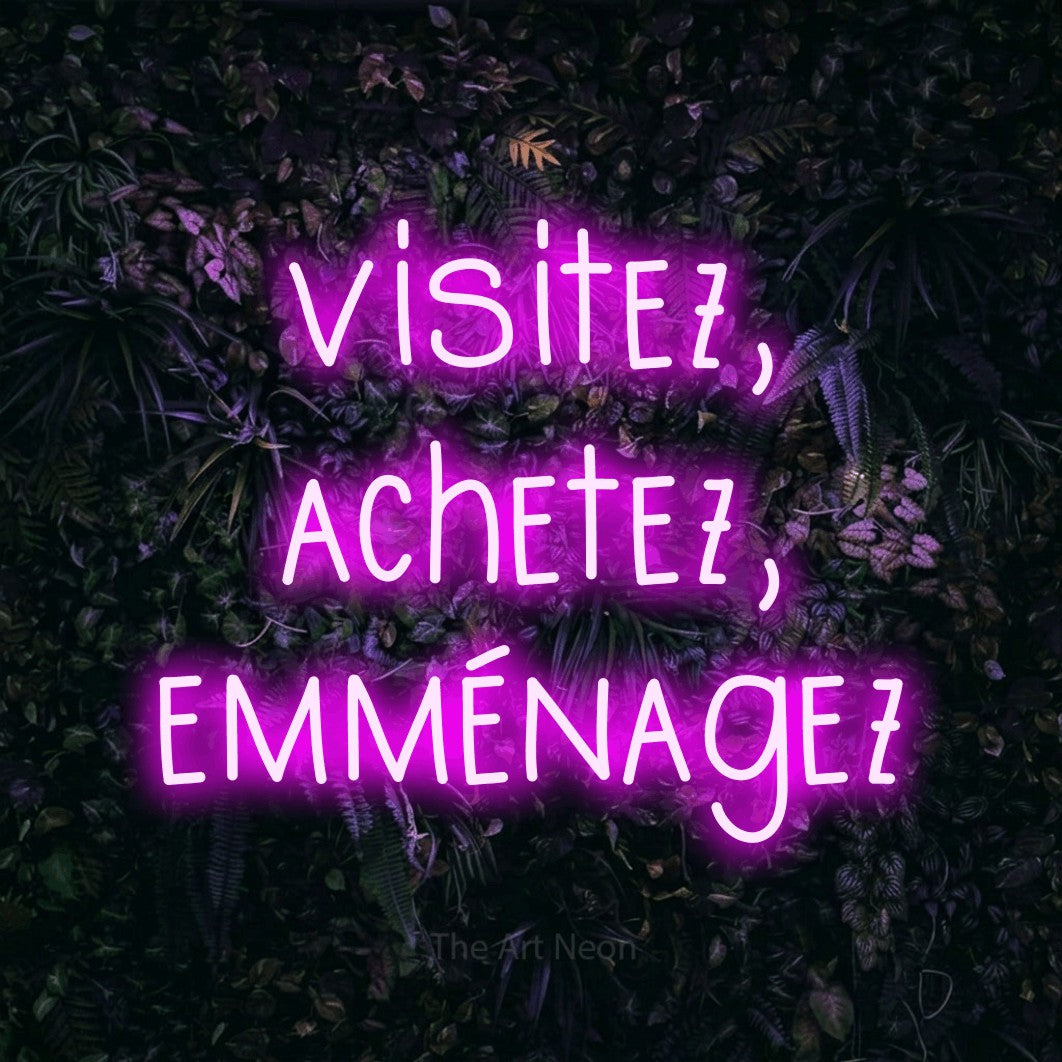 LED neon sign reading “visitez, achetez, emménagez”, arranged in 3 lines.
