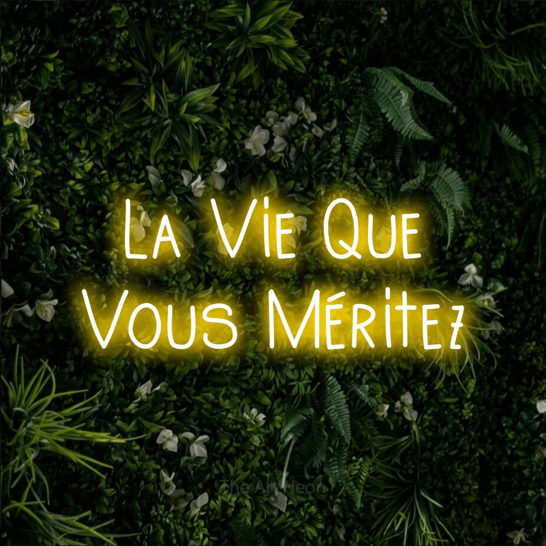 LED neon sign reading “La Vie Que Vous Méritez”, arranged in 2 lines.