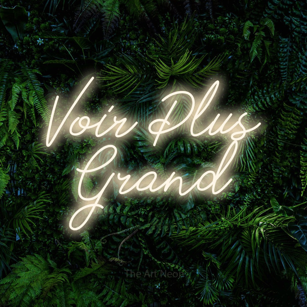 LED neon sign reading “Voir Plus Grand”, arranged in 2 lines.