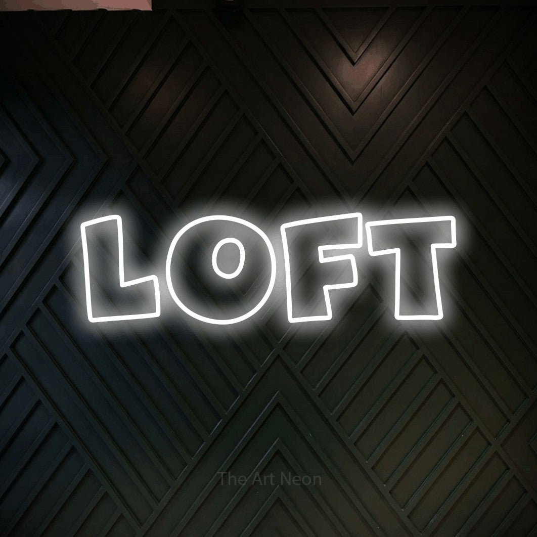 LED neon sign reading “loft”, arranged in a single line.