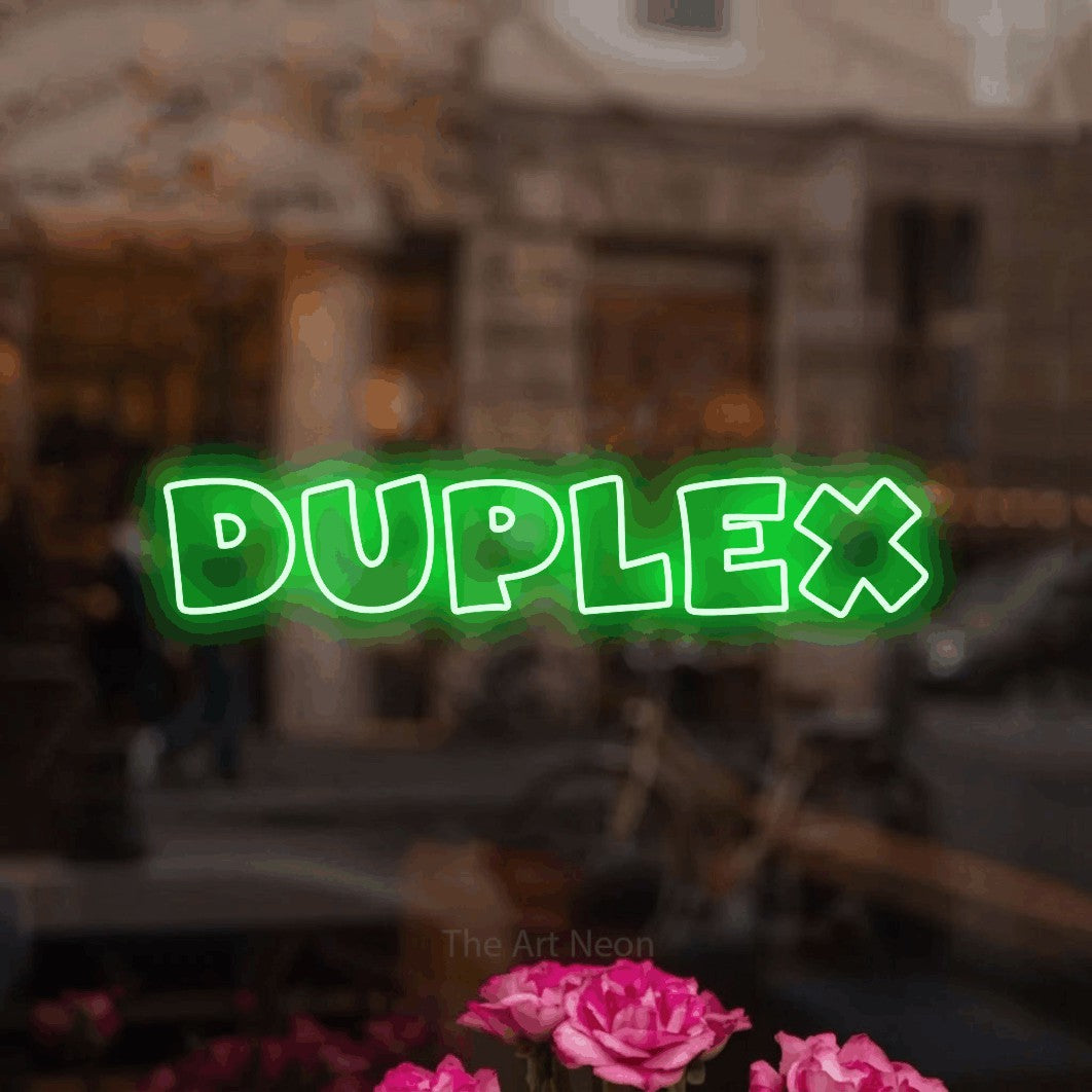 LED neon sign reading “duplex”, arranged in a single line.