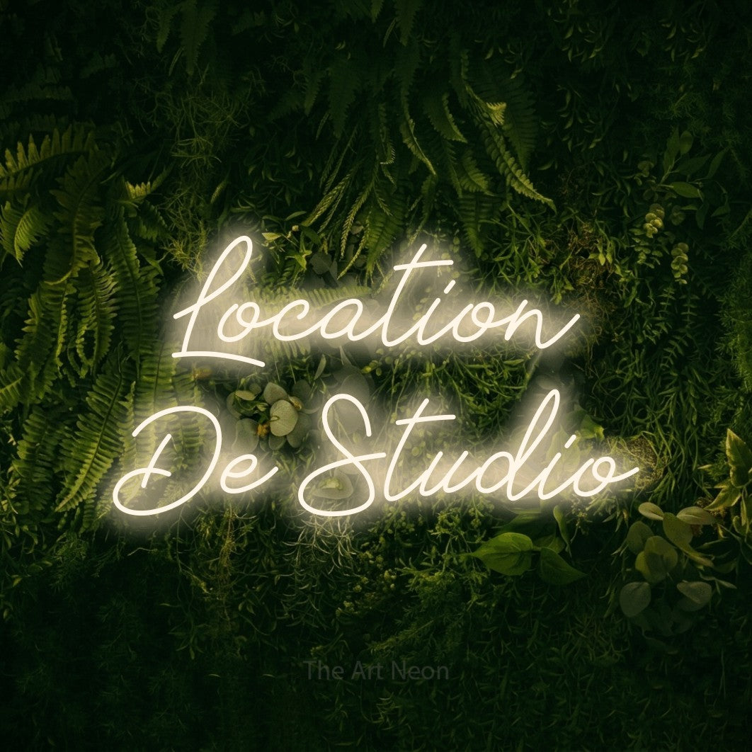 LED neon sign reading “Location De Studio”, arranged in 2 lines.