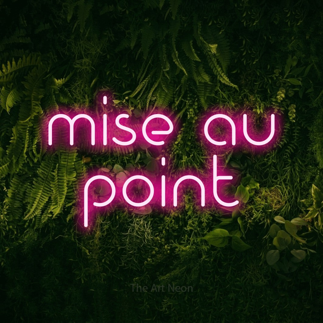 LED neon sign reading “mise au point”, arranged in 2 lines.
