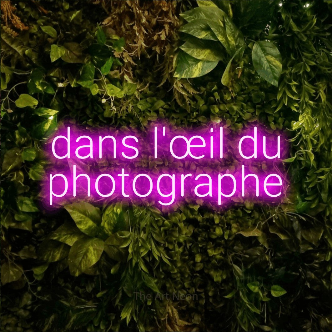 LED neon sign reading “dans l'œil du photographe”, arranged in 2 lines.