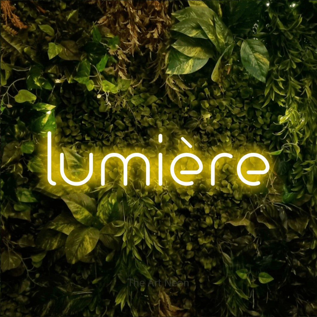 LED neon sign reading “lumière”, arranged in a single line.
