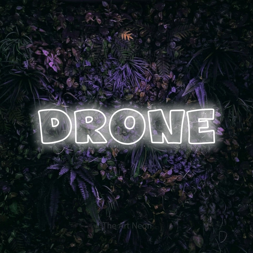LED neon sign reading “Drone”, arranged in a single line.