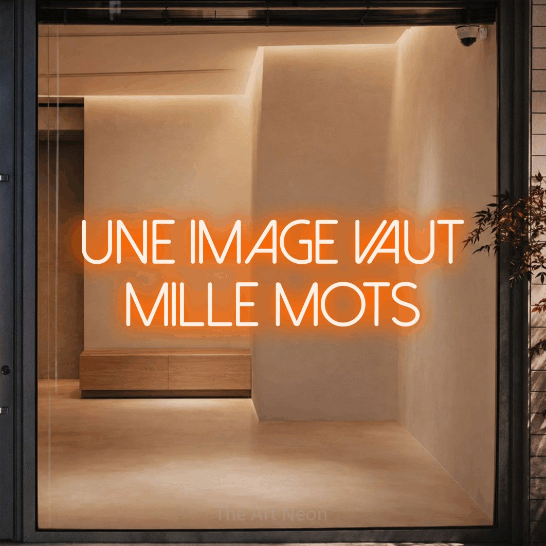 LED neon sign reading “Une Image Vaut Mille Mots”, arranged in 2 lines.