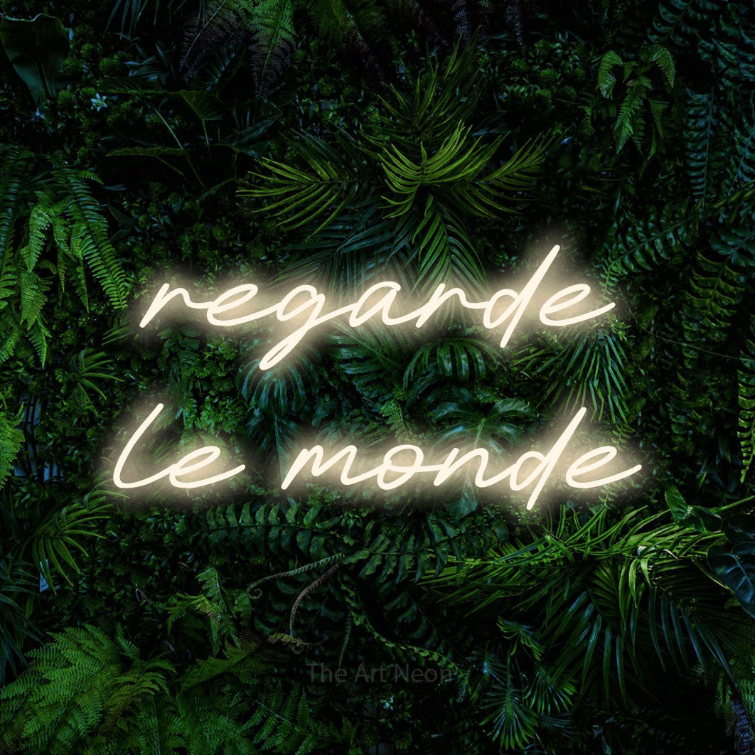 LED neon sign reading “regarde le monde”, arranged in 2 lines.