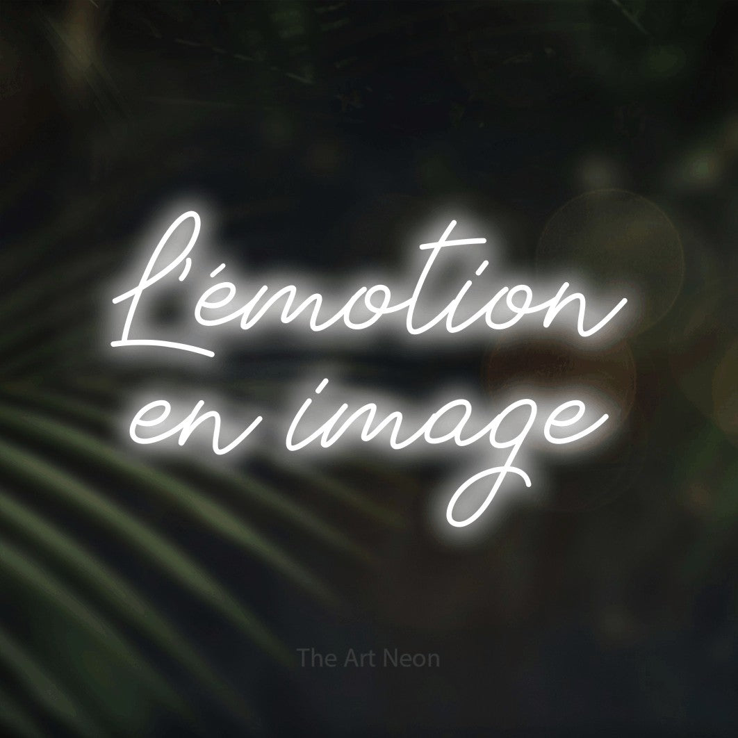LED neon sign reading “L'émotion en image”, arranged in 2 lines.