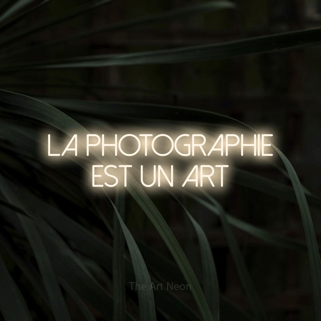 LED neon sign reading “LA PHOTOGRAPHIE EST UN ART”, arranged in 2 lines.