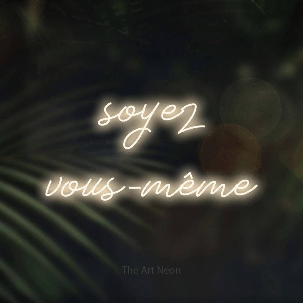 LED neon sign reading “soyez vous-même”, arranged in 2 lines.