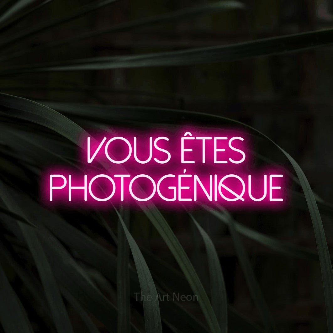 LED neon sign reading “VOUS ÊTES PHOTOGÉNIQUE”, arranged in 2 lines.