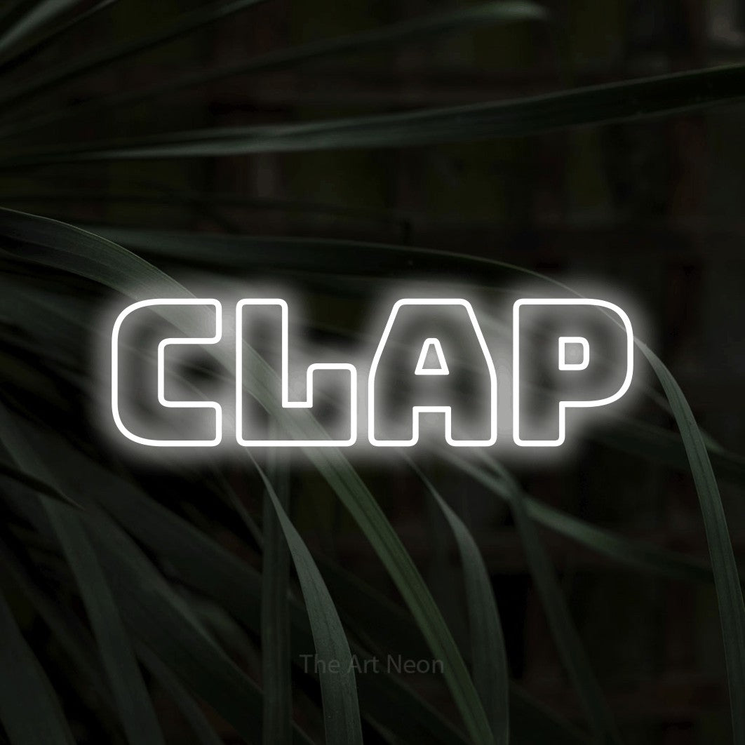 LED neon sign reading “clap”, arranged in a single line.