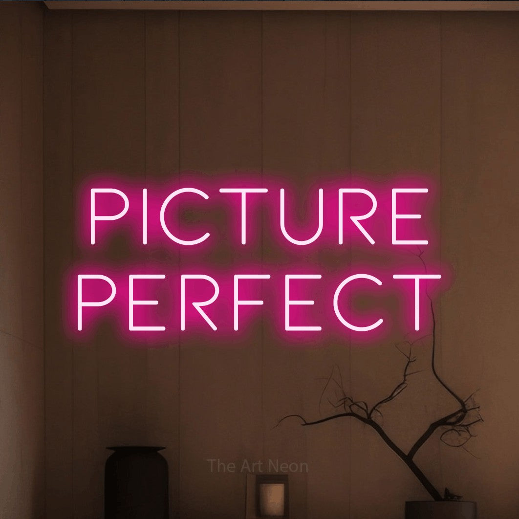 LED neon sign reading “picture perfect”, arranged in 2 lines.