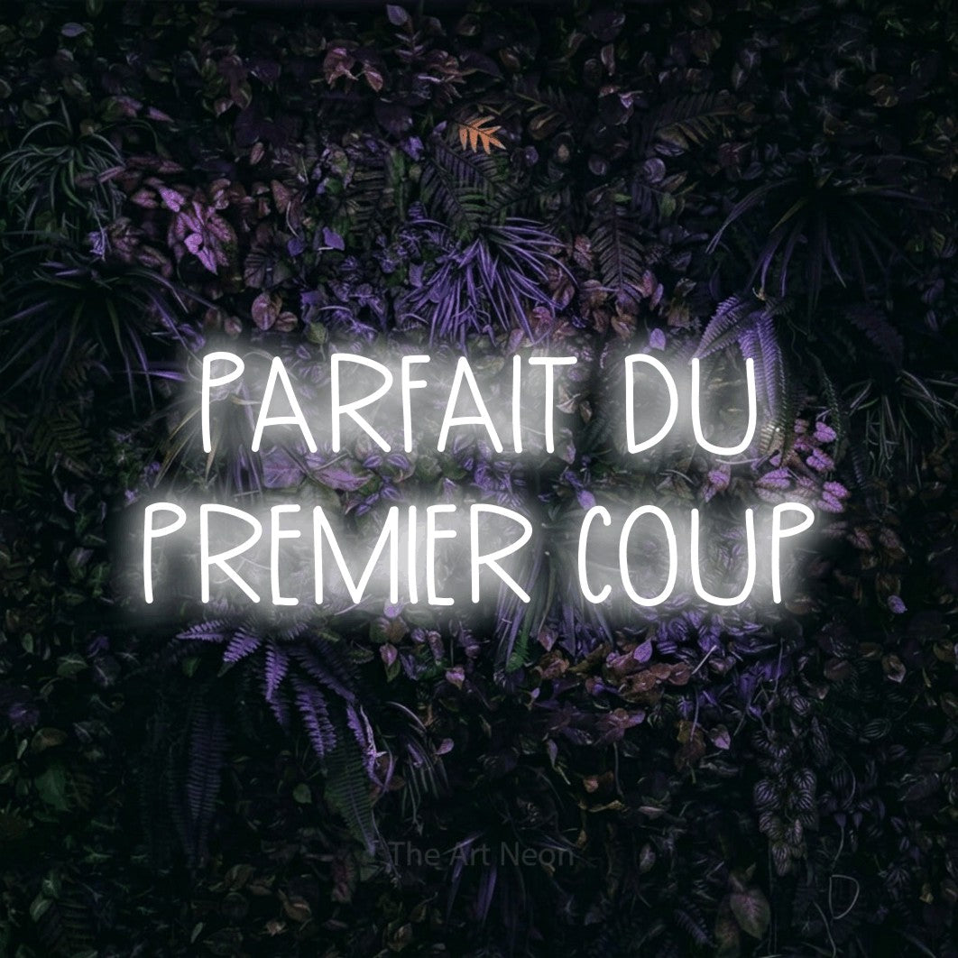 LED neon sign reading “PARFAIT DU PREMIER COUP”, arranged in 2 lines.