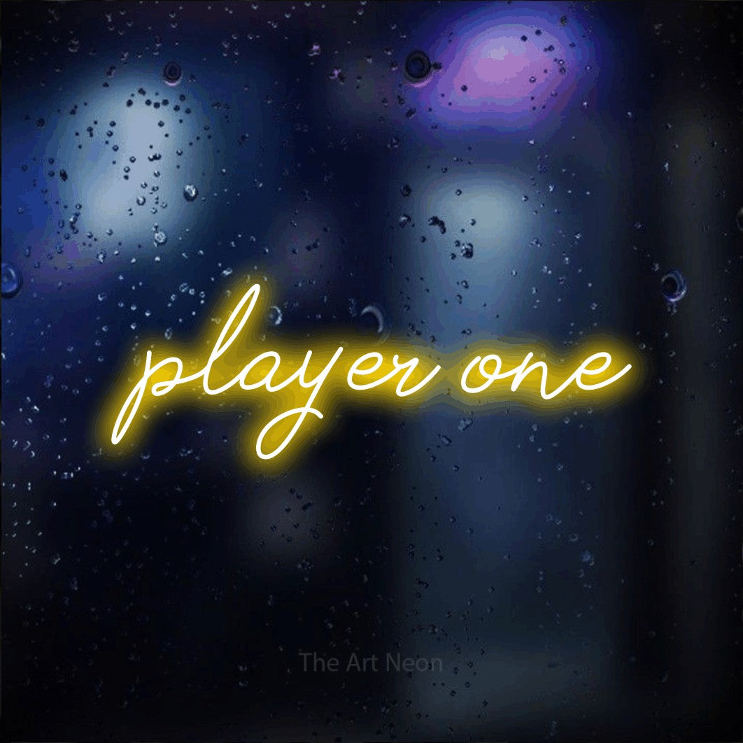 LED neon sign reading “player one”, arranged in a single line.