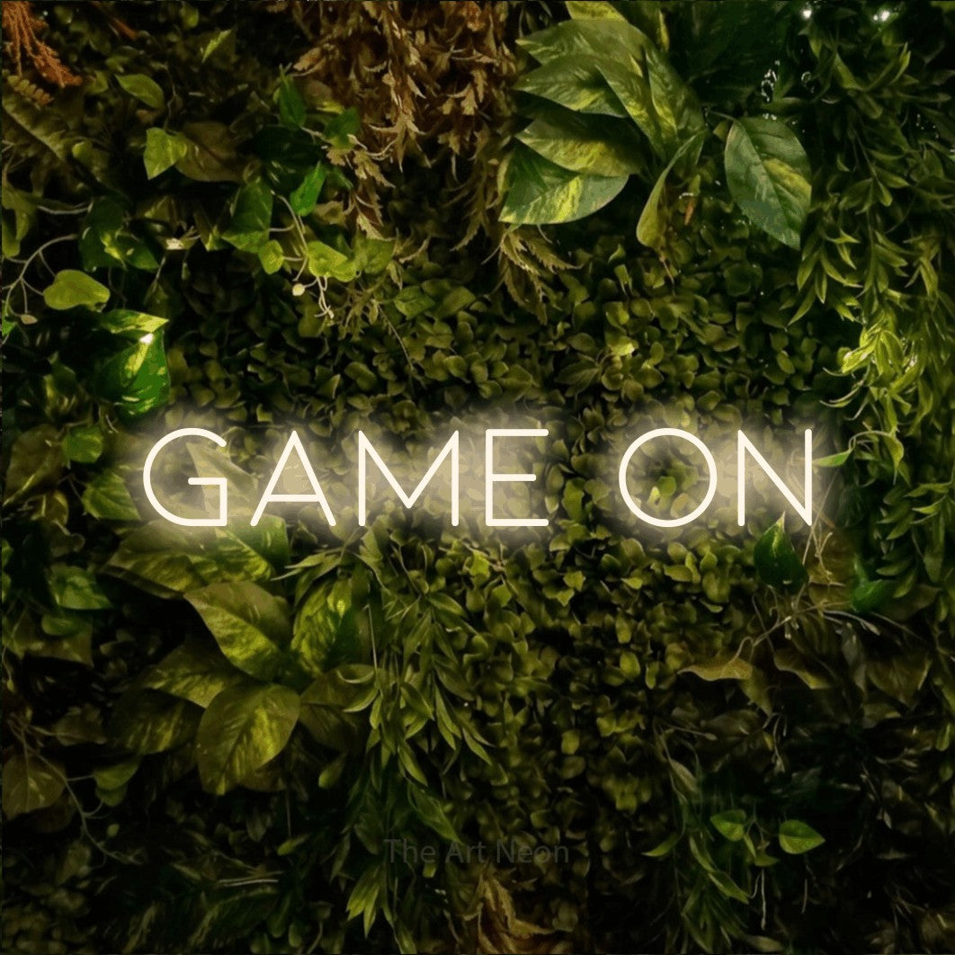 LED neon sign reading “GAME on”, arranged in a single line.