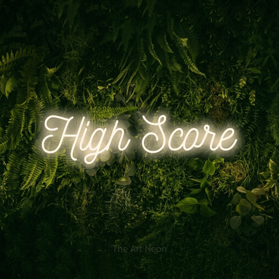 LED neon sign reading “High Score”, arranged in a single line.