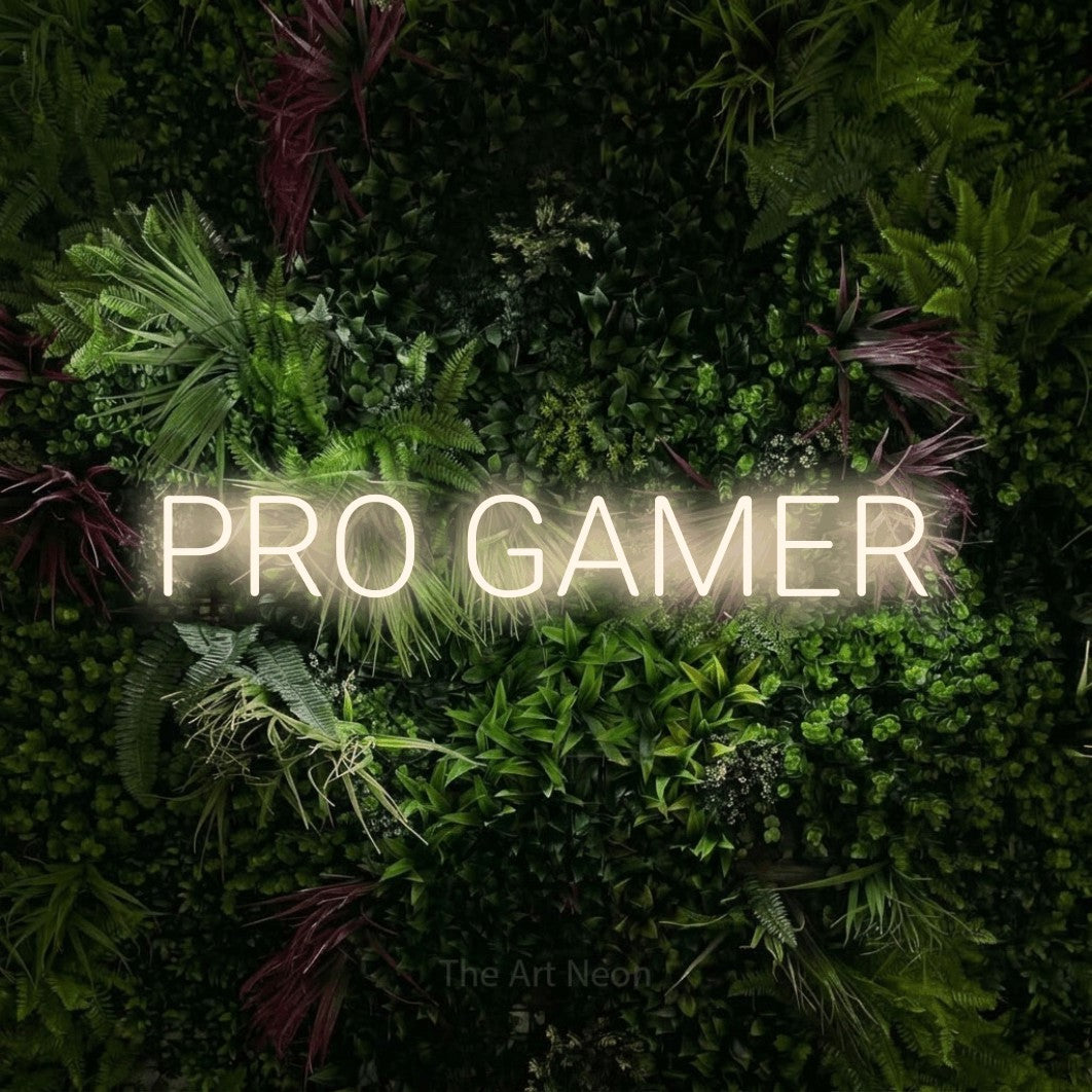LED neon sign reading “PRO GAMER”, arranged in a single line.
