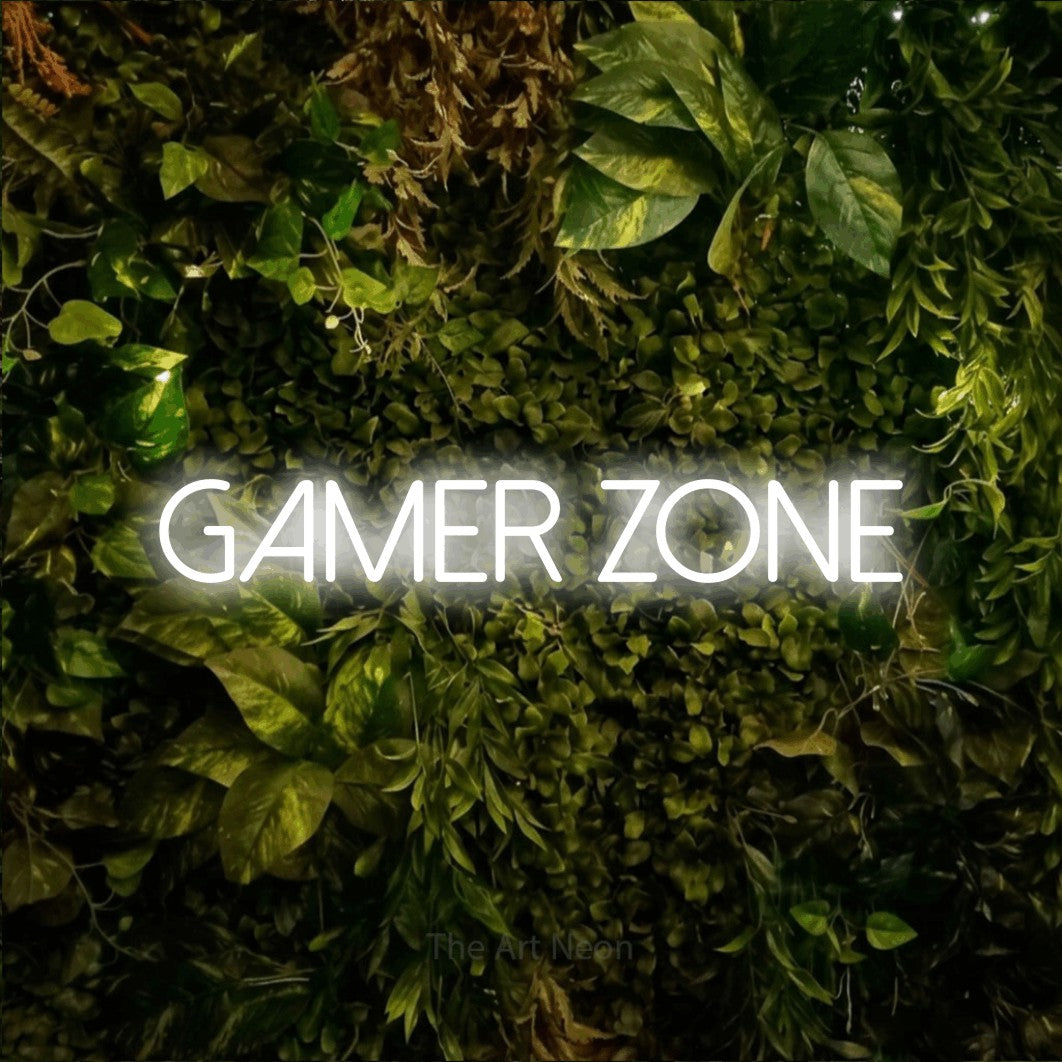 LED neon sign reading “GAMER ZONE”, arranged in a single line.