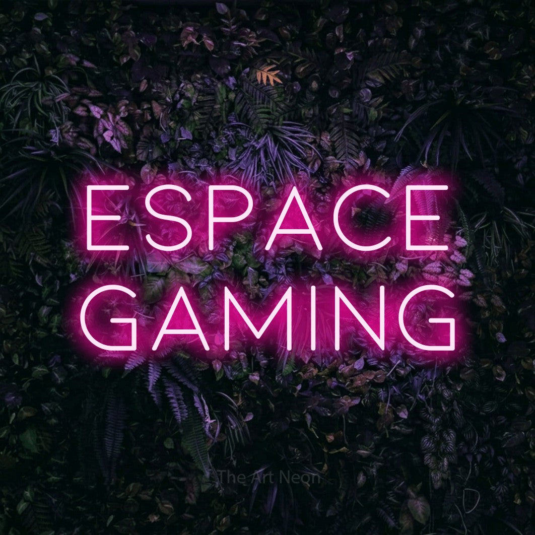 LED neon sign reading “ESPACE gaming”, arranged in 2 lines.