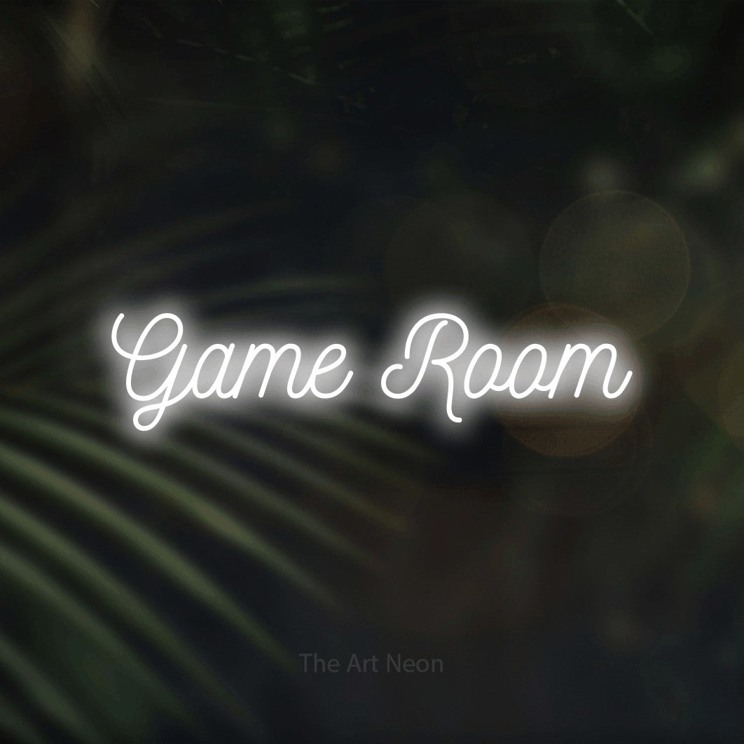 LED neon sign reading “Game Room”, arranged in a single line.