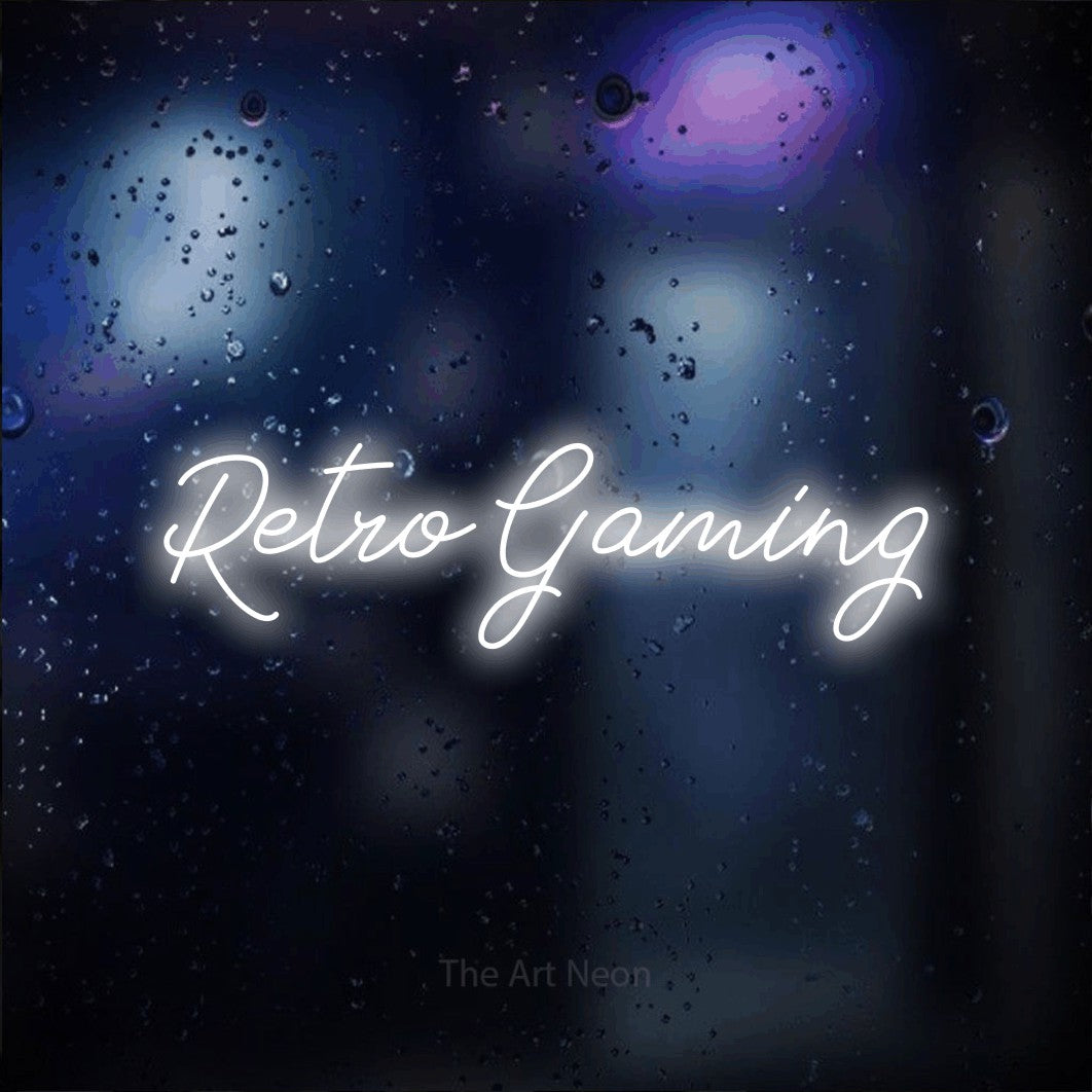 LED neon sign reading “Retro Gaming”, arranged in a single line.
