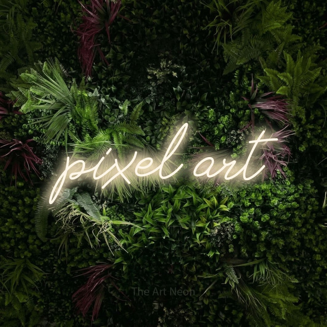 LED neon sign reading “pixel art”, arranged in a single line.