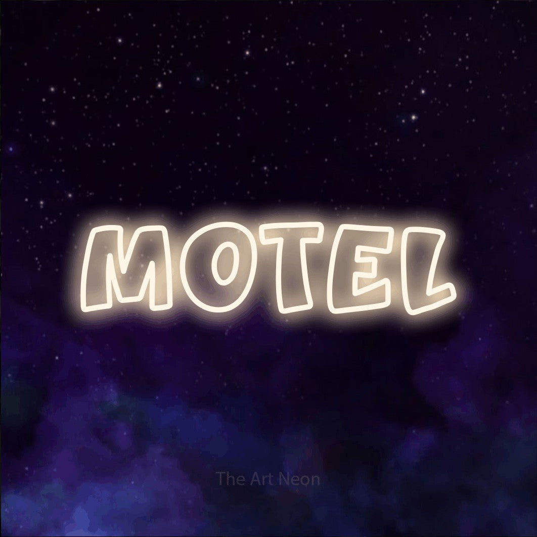 LED neon sign reading “MOTEL”, arranged in a single line.