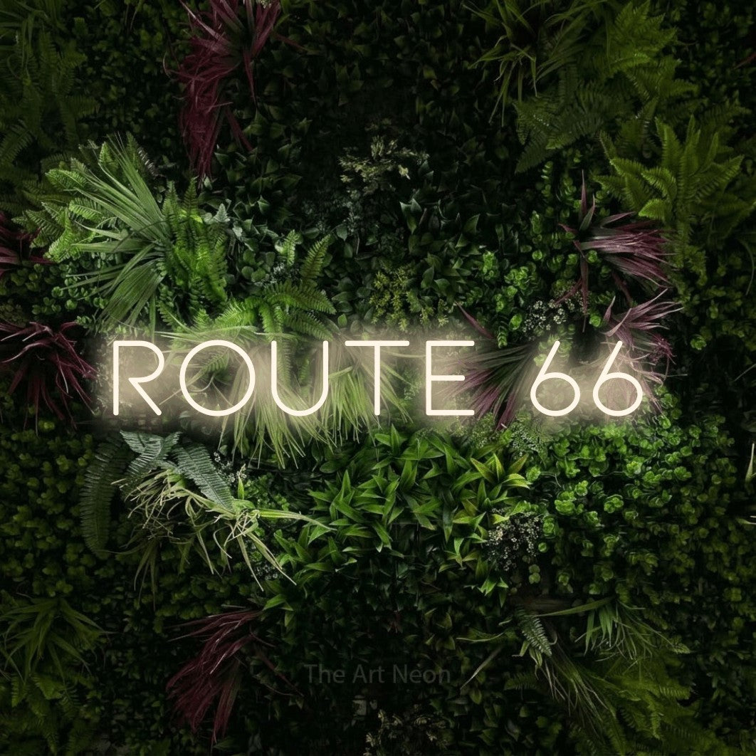 LED neon sign reading “ROUTE 66”, arranged in a single line.