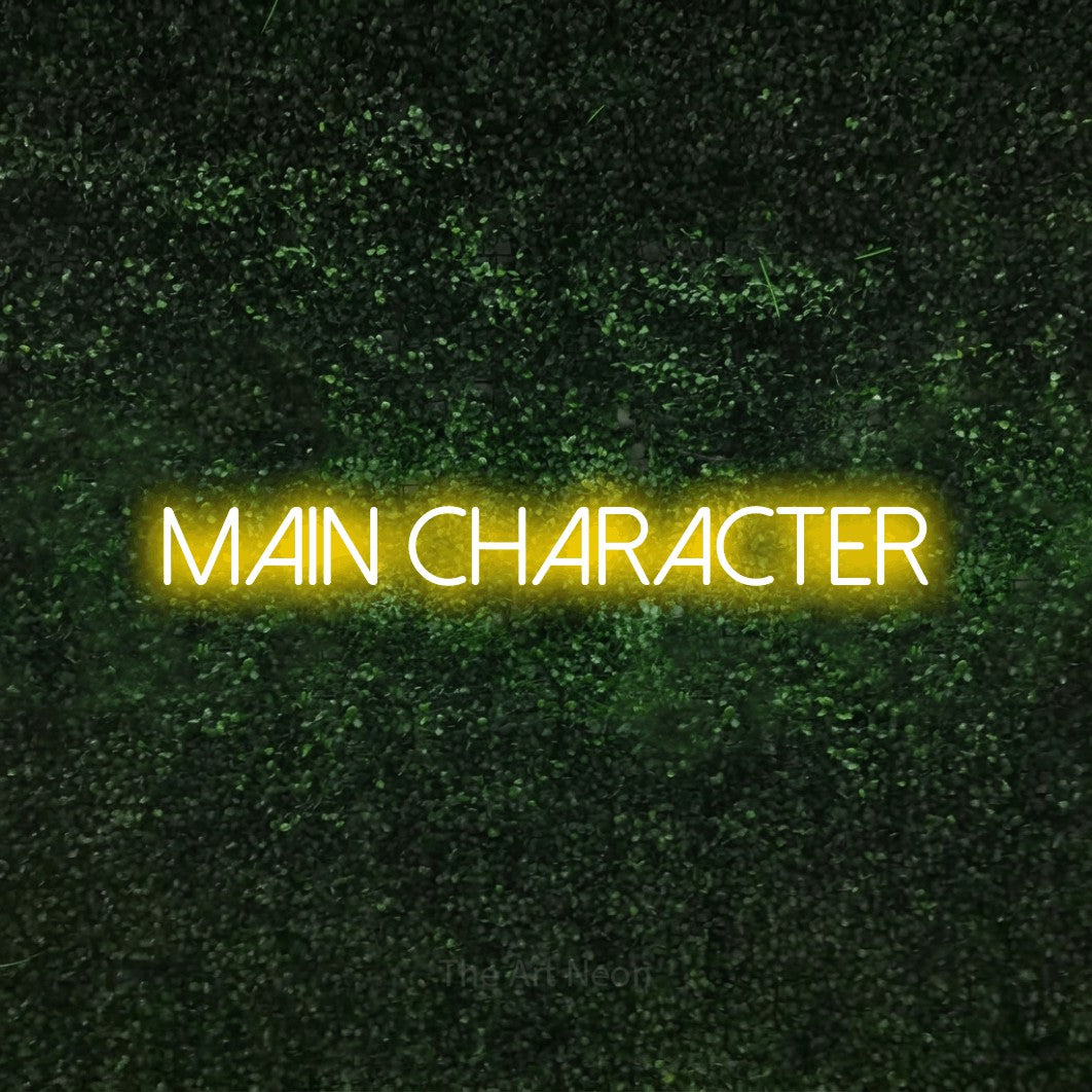 LED neon sign reading “Main Character”, arranged in a single line.