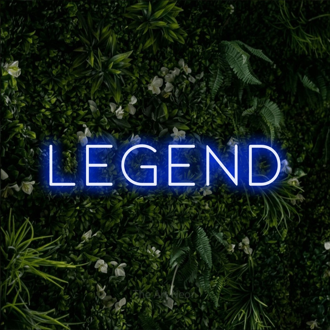 LED neon sign reading “legend”, arranged in a single line.