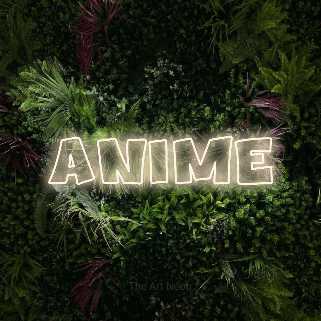 LED neon sign reading “anime”, arranged in a single line.
