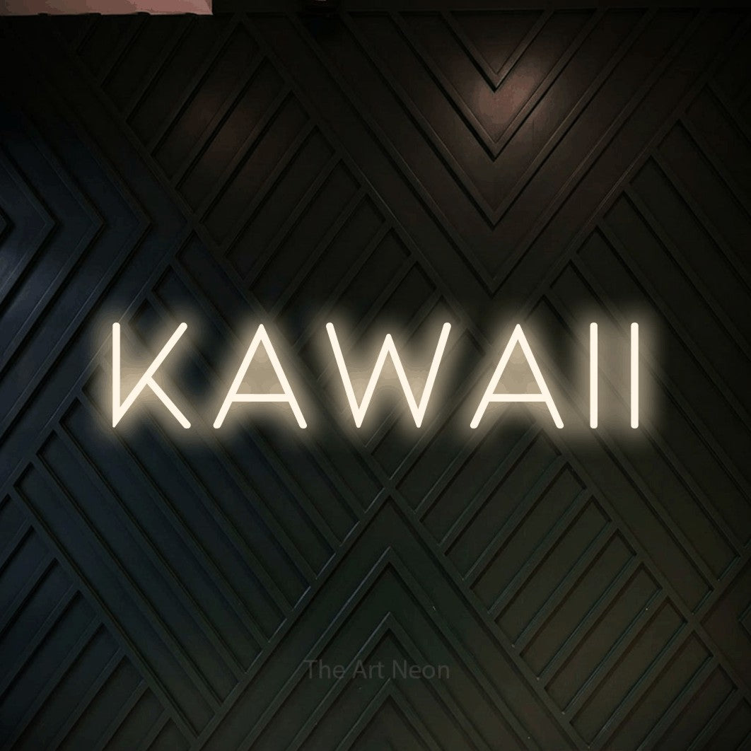 LED neon sign reading “KAWAII”, arranged in a single line.