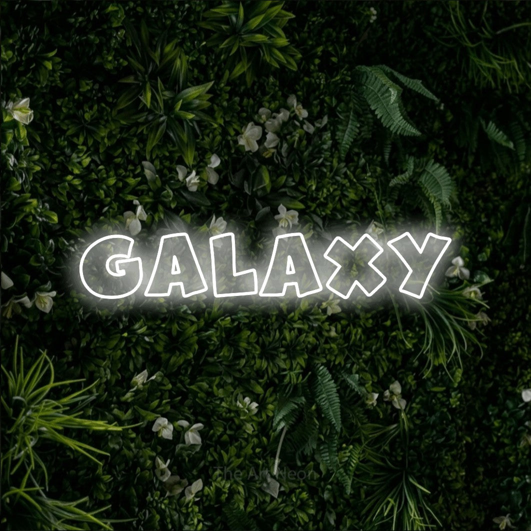 LED neon sign reading “Galaxy”, arranged in a single line.