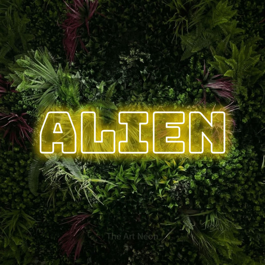 LED neon sign reading “alien”, arranged in a single line.