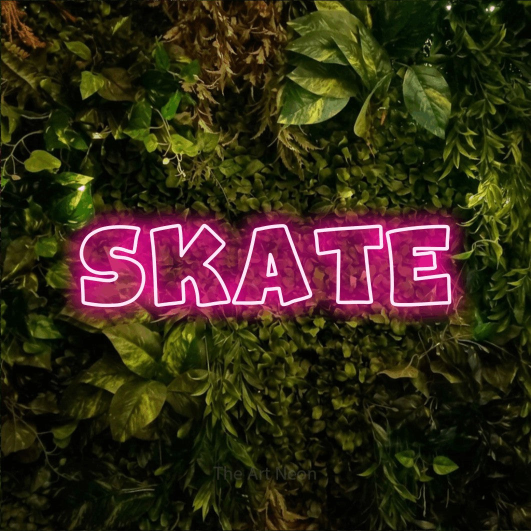 LED neon sign reading “skate”, arranged in a single line.