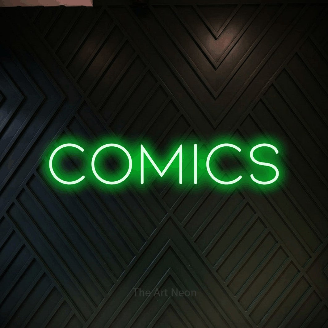 LED neon sign reading “comics”, arranged in a single line.