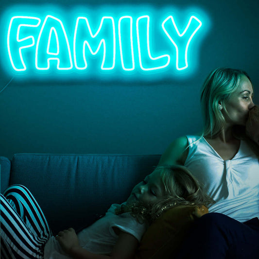 "Family Neon Sign" lights up with a warm glow, perfect for homes and spaces that celebrate the importance of family, creating an inviting and comforting atmosphere.