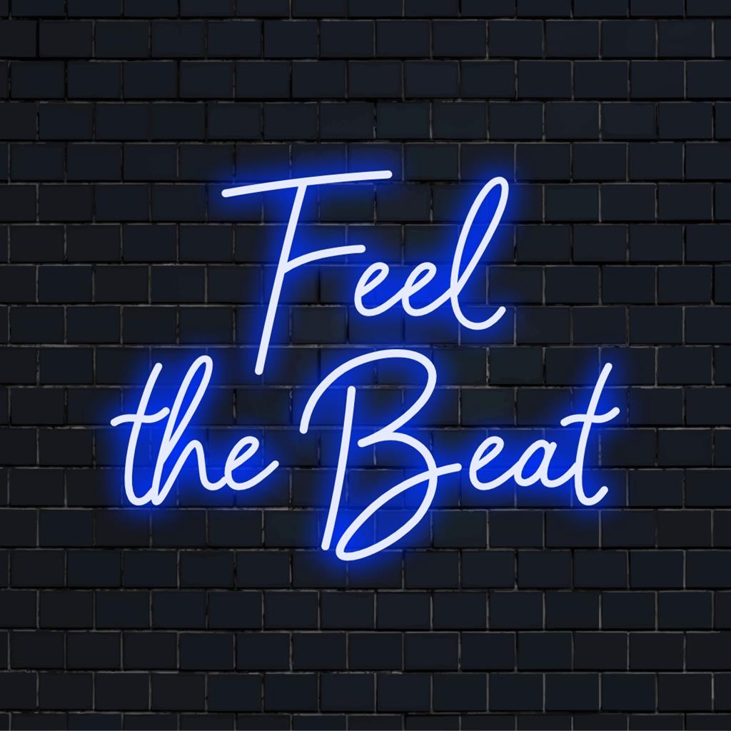 Vibrant Feel The Beat LED neon sign, perfect for energizing any space with its captivating glow and custom neon decor.