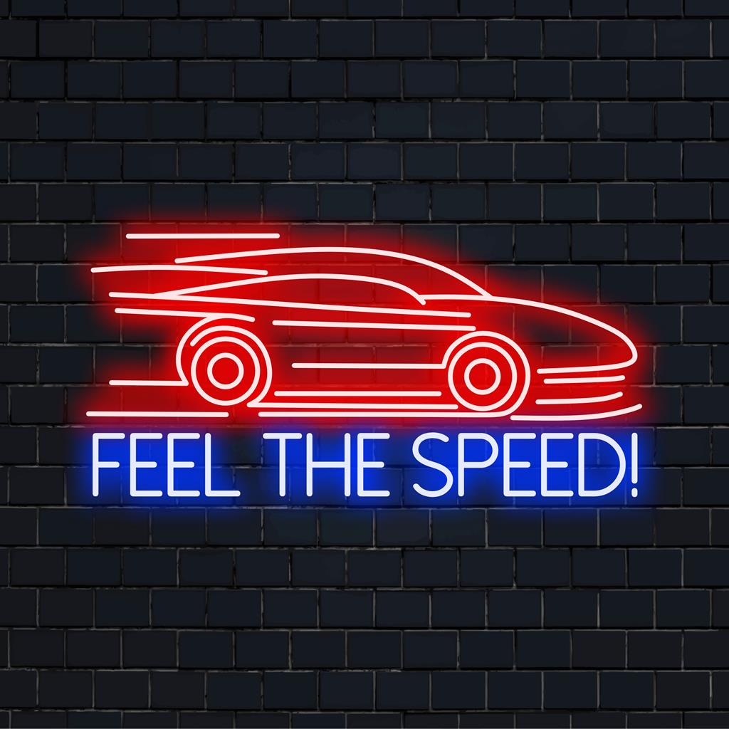 LED neon sign featuring dynamic Feel The Speed! text, a dazzling decor piece blending art and light for any space.