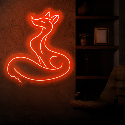 "Female Fox Neon Sign" lights up with whimsical charm, ideal for eclectic spaces and nature-themed interiors, adding a touch of artistic flair with the portrayal of a fox.