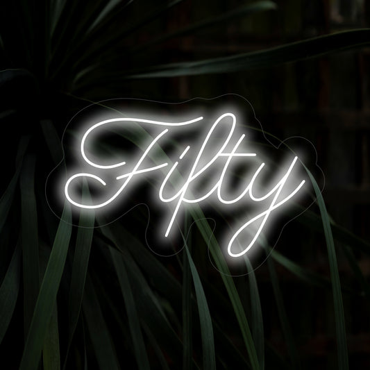 "Fifty Neon Sign" lights up with a celebratory glow, perfect for milestone events and spaces commemorating the significance of turning fifty, adding a bold touch to the ambiance.