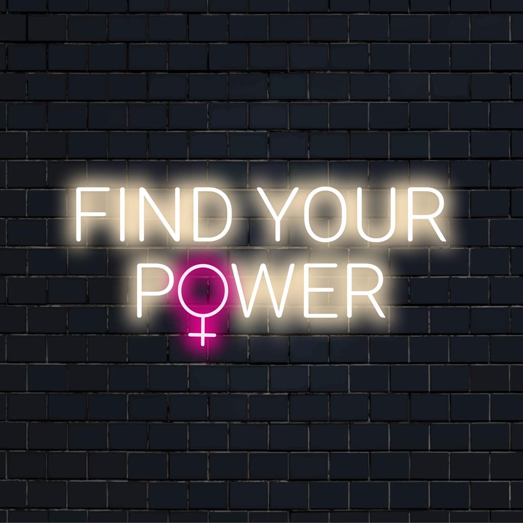 Custom LED neon sign showcasing the inspirational message Find Your Power in vibrant neon light decor, ideal for any space.