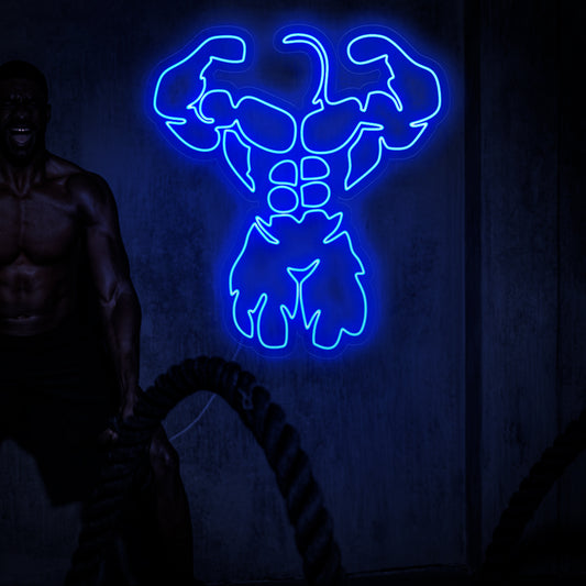 "Fitness Bodybuilder Neon Sign" lights up with strength, perfect for fitness centers and spaces celebrating the commitment to a healthy lifestyle, adding a dynamic touch to the ambiance.